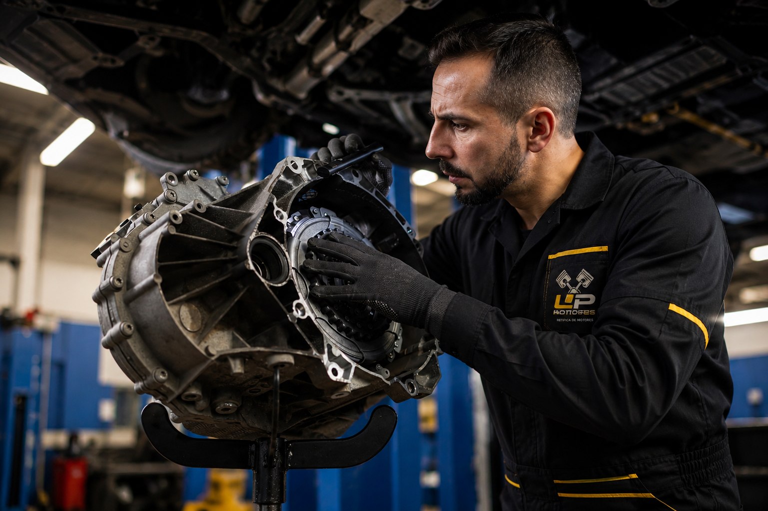 Mecânico inspecionando componentes do motor